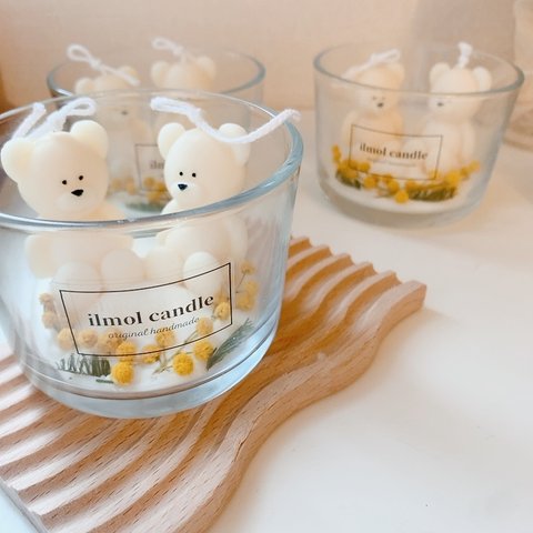 mimosa bear glass candle 〜ミモザ ベア グラスキャンドル〜　韓国キャンドル　キャンドル　韓国インテリア　韓国雑貨 ミモザ