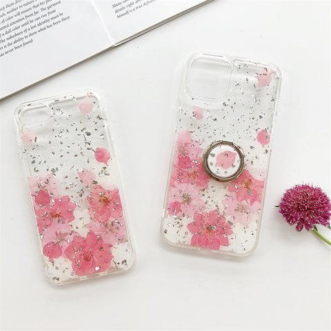 ❤ピンク系の押し花ケース スマホリング 押し花ケース iPhone14Pro/13/SE/XPERIA10IV/GalaxyS23/AQUOS iPhoneケース スマホケース 