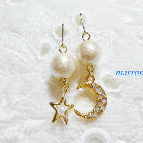 ☾moon＆starコットンパールピアスⅢ☽ 