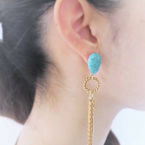 ヴィンテージターコイズフリンジピアス vintage pierced earrings <PE-TQFR>