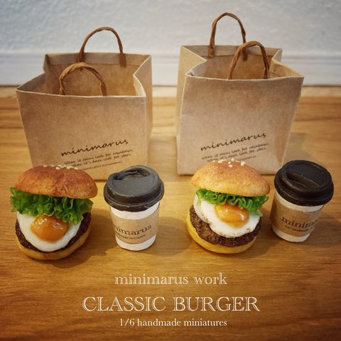 クラシックハンバーガー(てりたま)&コーヒー🍔　ミニチュア　1/6サイズ（ピアス/イヤリング変更可)