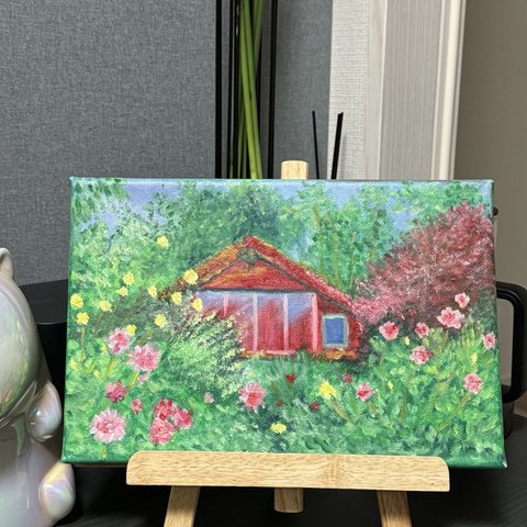 [花の家」　手描き　油絵　風景画　原画