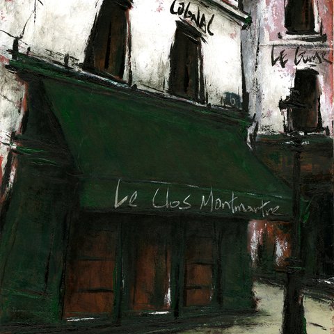 風景画 パリ 油絵「街角の緑のひさしのレストラン」