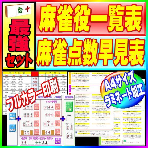 ★麻雀最強セット★【麻雀役一覧表】【麻雀点数早見表】A4ラミネート★フルカラー