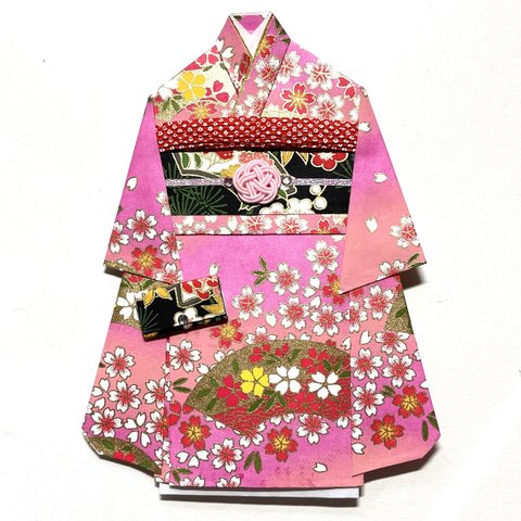 着物のポチ袋2038 QUOカードサイズ ピンク色　桜　扇面