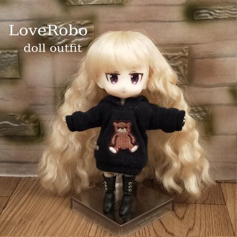 ＊オビツ11 フード付きお座りクマ柄トレーナー 黒 ドール服 ねんどろいどどーる＊