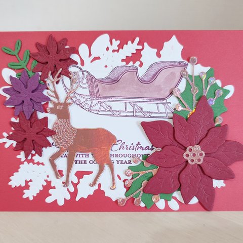 クリスマスカード      「WISHES & WONDER」    トナカイ ソリ ポインセチア クリスマス  stampinup  スタンピンアップ