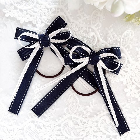 リボン ♡ネイビーとホワイトのマリンリボン ＊Navy stitch Ribbon＊