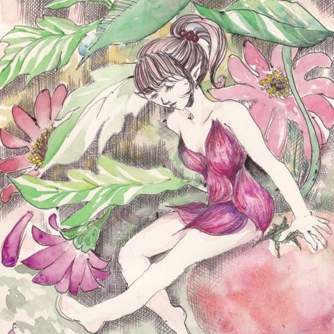 自作絵【妖精るびぃ】　　エルフの女の子　人物画  elf fairy portrait  botanical  watercolor painting