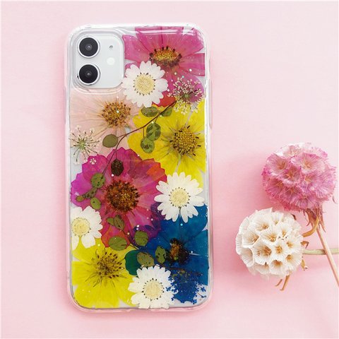 ❤秋桜（コスモス）スマホリング 押し花ケースiPhone14Pro/13/SE/XPERIA10IV/GalaxyS23/AQUOS iPhoneケース スマホケース 