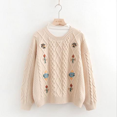 レトロ 刺繍 セーター 秋冬の新作 ゆったり ニット トップス