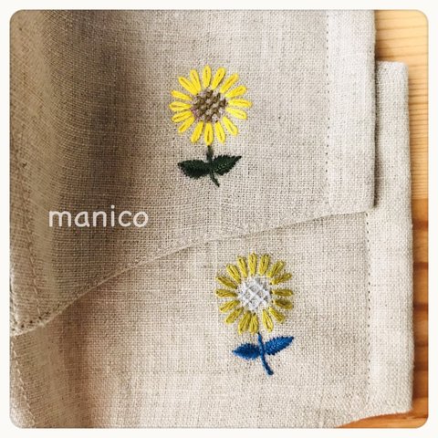 ＊ヒマワリ＊ワンポイント刺繍☆リネン×コットンマスク