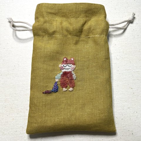 【sale】モザイクダーニング刺繍　巾着　リネン