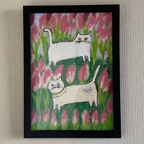 絵画 。壁掛け絵原画【美しいピンクのチューリップの花田と散歩している2匹の猫】