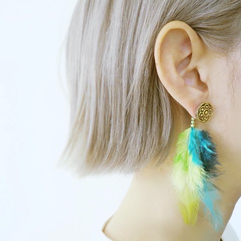 フェザーピアス 2ウェイ vintage btn earrings 2way <PE4-0420>