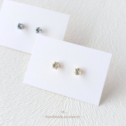 宝石質 アクアマリン 3mm の1粒ピアス/イヤリング 揺れないタイプ アレルギー対応 3月誕生石