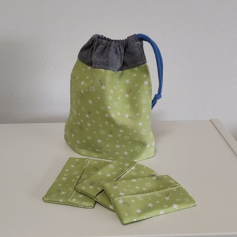 ミニティッシュケース３つ＆巾着袋『ライトグリーン』