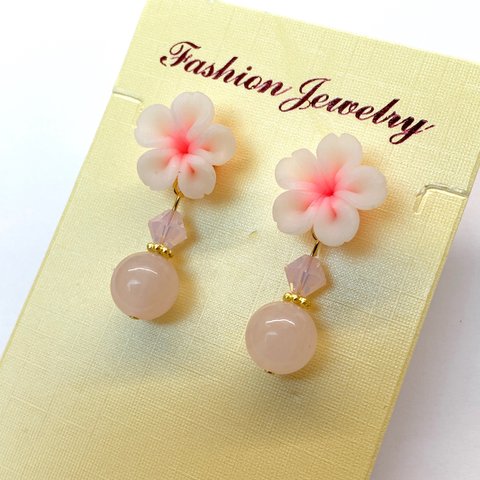 桜 ピアス / ローズクォーツ ピアス / 天然石 ピアス