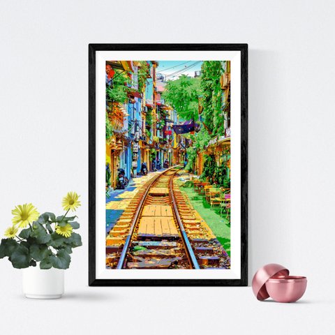 【アートポスター】ベトナム ハノイの列車通り（作品No.596）