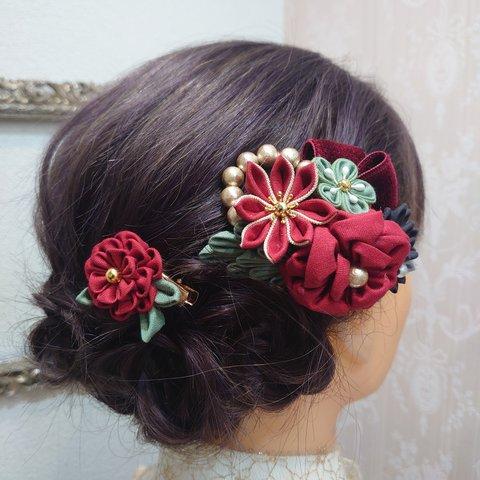 【No.4190】七五三 成人式 結婚式 髪飾り アンティーク 赤 ボルドー