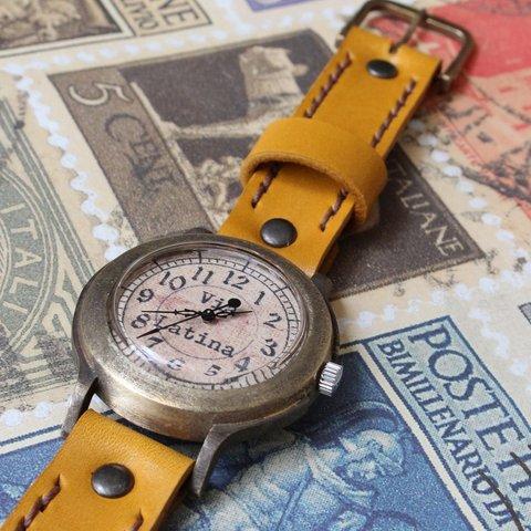 手作り腕時計　Via Latina(レトロ ストーン調文字盤 & Brown)   --- アンティークでシンプルな男性、女性兼用腕時計。ベルトは牛革を使用。