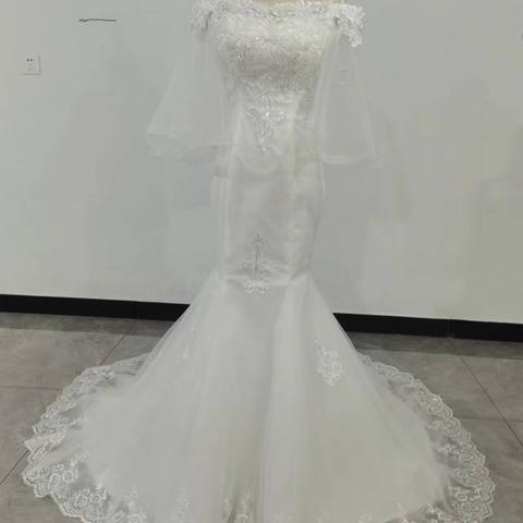 高品質！ウエディングドレス ホワイト ソフトチュール オフショル マーメイドライン 結婚式/披露宴/挙式