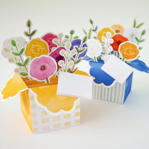 【誕生日/お祝い】２個セット・フラワーアレンジカード（ブルー&イエロー）