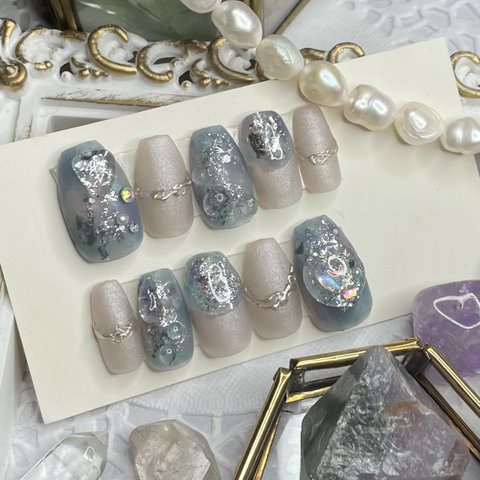 サイズオーダー♡ 梅雨の雫風ニュアンスネイルチップ　ブルー×マット　size order nail tip