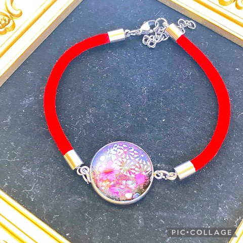 ☆ラウンドカボション ブレスレット レッド 桜☆ シルバー 腕輪 ハンドメイド