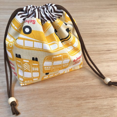 巾着袋(お弁当袋)イエロー【スクールバス柄】☆19×27cmマチ12cm★KO.13 school bus のりもの　 くるま　男の子　車｜Hoshizora☆ほしぞら