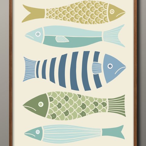 14644■ポスター　絵画　A3サイズ　『魚　フィッシュ　おしゃれ　北欧』　アート　イラスト　デザイン　上級マット紙採用　北欧