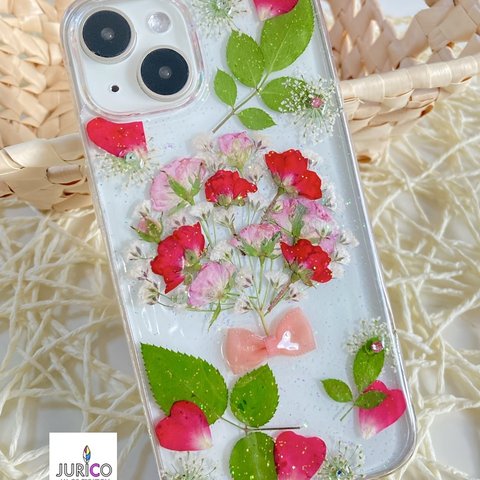 赤とピンクの薔薇とかすみ草の花束風押し花スマホケース　全機種対応/iphone/GALAXY/AQUOS/xperia/pixel