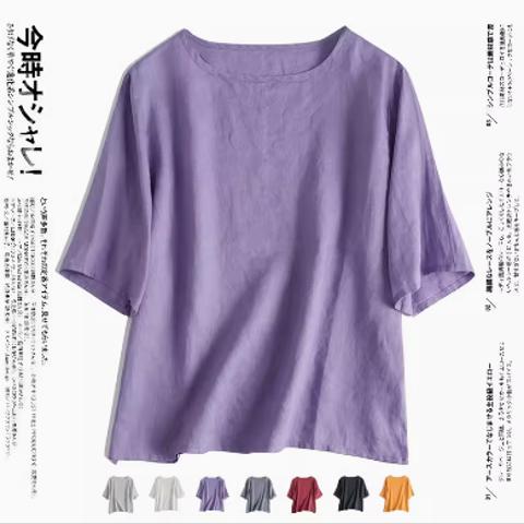 純リネン ゆったり 半袖 Tシャツ カジュアル 丸襟 シャツ