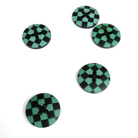 和柄　黒×緑の市松模様ボタン　15ミリ5個セット