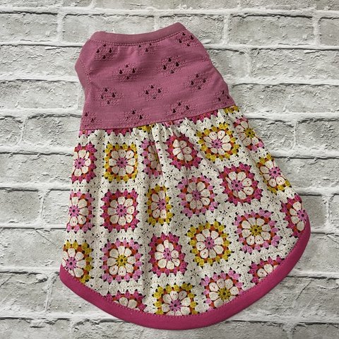 retro-pink girly＆knit motif ノースリーブワンピース　Ｓ