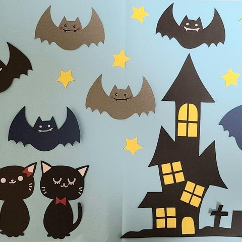 【ハロウィン】ハロウィン壁面  家Bタイプ ＋くろねこ＋コウモリ＋三日月＋星