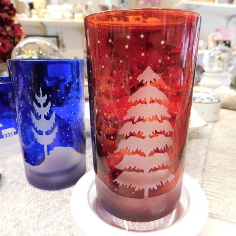 サンドブラストのグラスセット　ペアグラス　 クリスマス　ランプにも　冬景色　ツリー　青＆赤（アトリエＳ）196-222-223