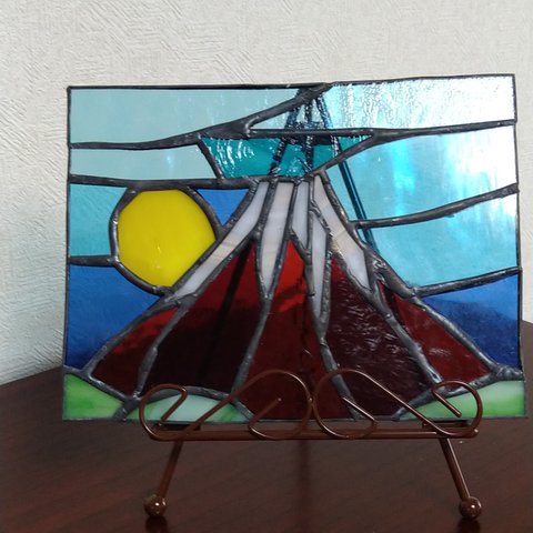 浮世絵風　赤富士のステンドグラス