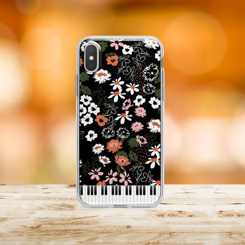 『アネモネやコスモス ブラック 』花と鍵盤シリーズvol.5　ハードケース　iPhoneケース　androidケース　スマホケース　ピアノ　