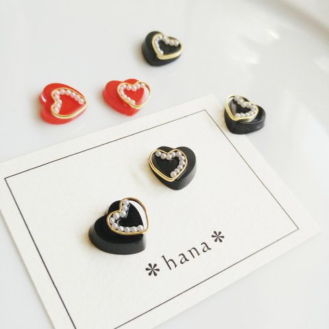 【再販】プチハート可愛いパール　black　ピアス