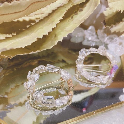 天然石  水晶×お花ブローチ