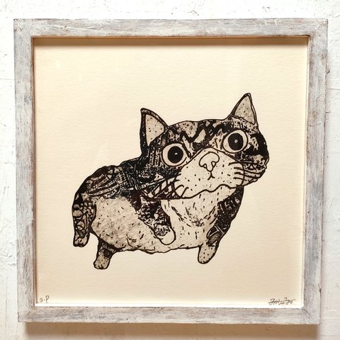 額付き銅版画作品　title「プカプカ猫」