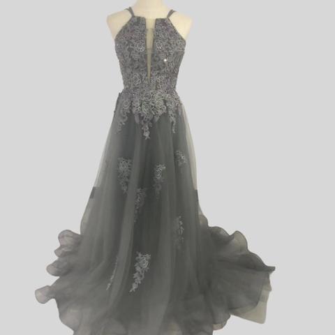 カラードレス シルバーグ 3D立体レース刺繍 背中見せ 柔らかく重ねたチュールスカート 披露宴/結婚式