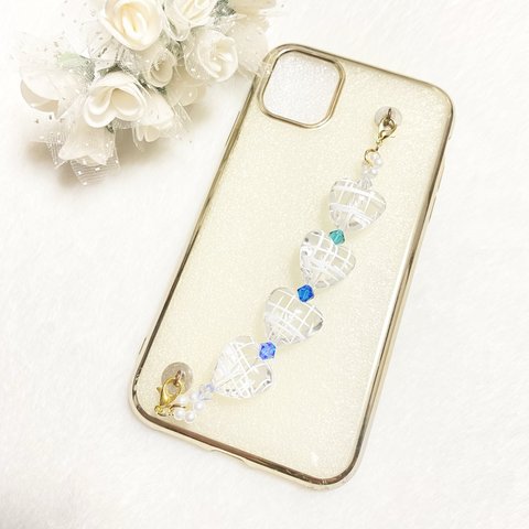 ハート & ブルー の 可愛い × クール キーリングハンガー スマホチェーン 貼るだけ ☆ 強力な 両面テープ で 貼り付ける タイプなので iPhone も Android もOK♪