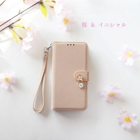 春の新作！【iphone】手帳型ケース ♥ サクラ 桜チャーム＆選べるイニシャル ストラップ付き ベージュ