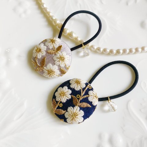 再販⭐︎春色flower刺繍テキスタイル　ヘアゴム