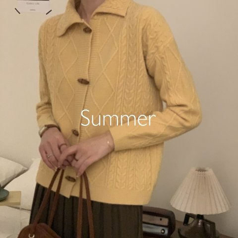 セーターカーディガン　秋の日  暖かく~ゆったり 長袖セーター~イェロー