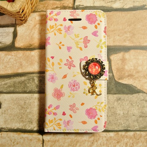 花柄  iphone6/7手帳型ケース イニシャル カボション 北欧