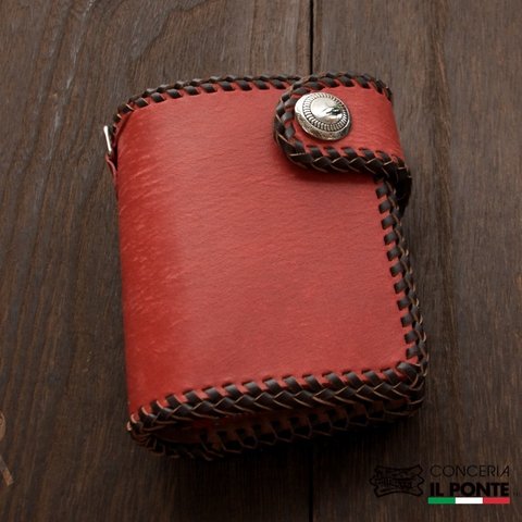 【受注製作】イタリアンレザー　Maya　かがり縫い二つ折り財布　レッドxブラウン