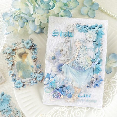 BLUE AND WHITE FLOWER MIRROR ビンテージ 花飾り　フレーム風✨PETフレークシール LBHJ
